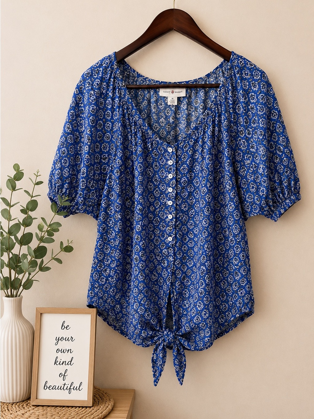Skye's the Limit Royal Blue Floral Button-Front Tie Hem Blouse